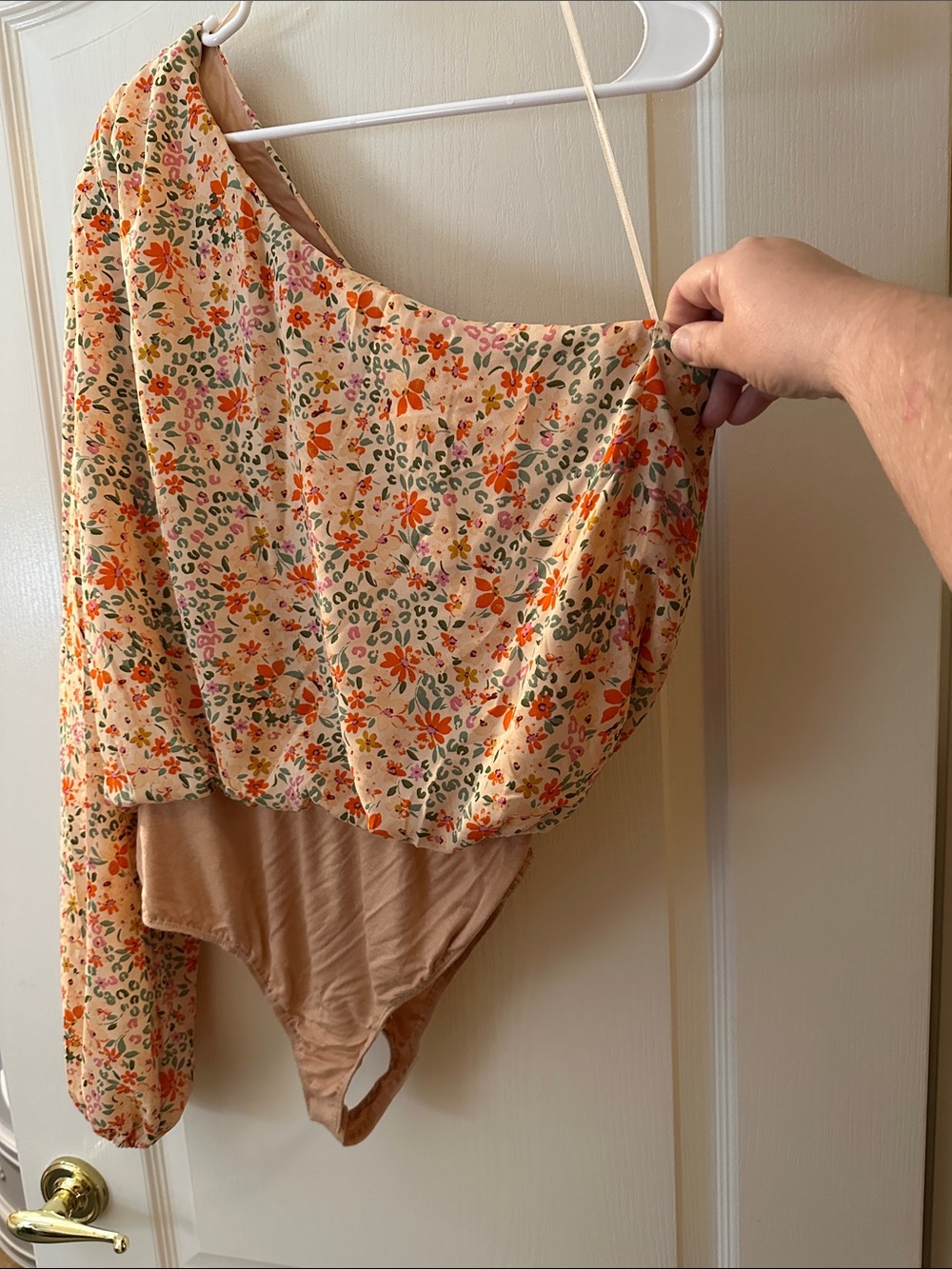 Floral One-Shoulder Bandeau Bodysuit in Peach